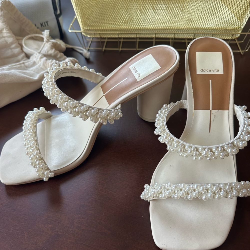 Dolce Vita Cream Pearl-Adorned Heels